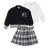 Completo cardigan, camicia e gonna a quadri