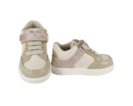 Sneaker primo passo in pelle e glitter con lacci e velcro