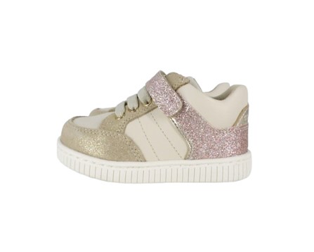 Sneaker primo passo in pelle e glitter con lacci e velcro