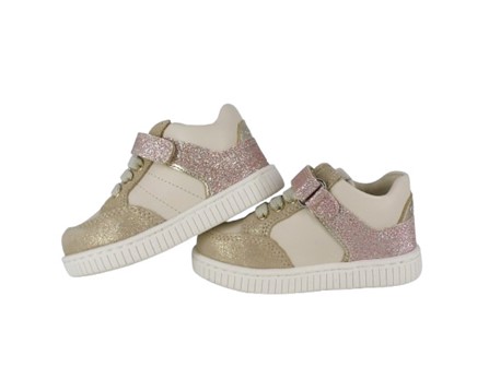 Sneaker primo passo in pelle e glitter con lacci e velcro