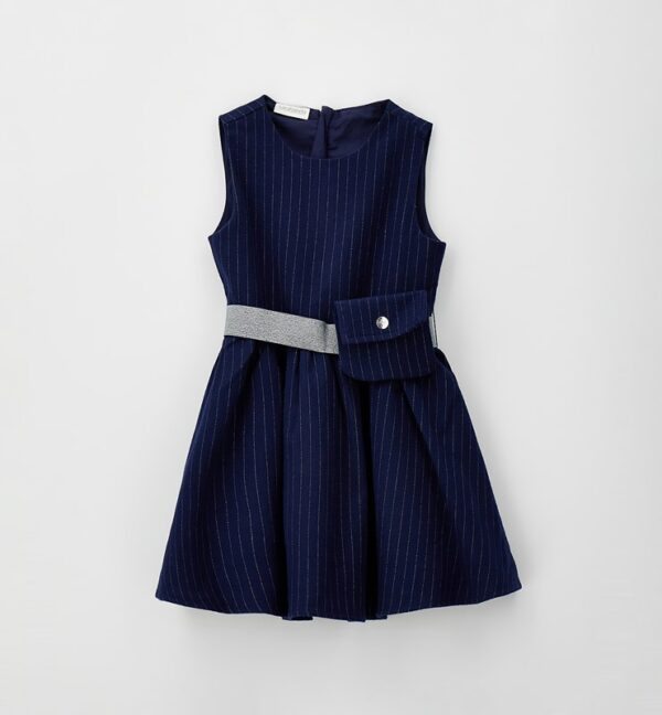 Vestito smanicato gessato con cintura elastica lurex