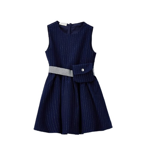 Vestito smanicato gessato con cintura elastica lurex