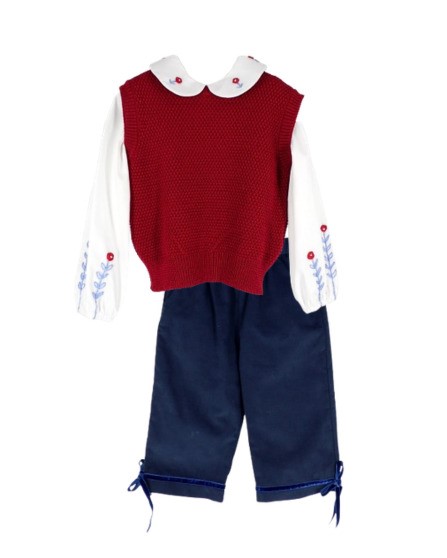 Completo camicia con ricami, gilet e pantalone in velluto