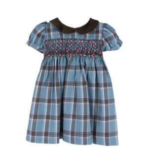 Vestito tartan con punto smock e colletto in velluto