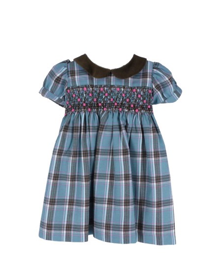 Vestito tartan con punto smock e colletto in velluto