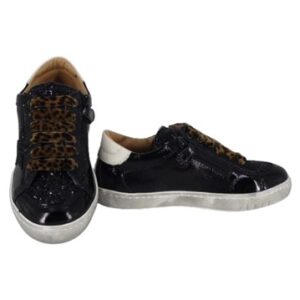 Sneaker in pelle e mmicro glitter con lacci e zip
