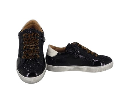 Sneaker in pelle e mmicro glitter con lacci e zip