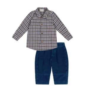 Completo camicia a quadri e pantalone in velluto